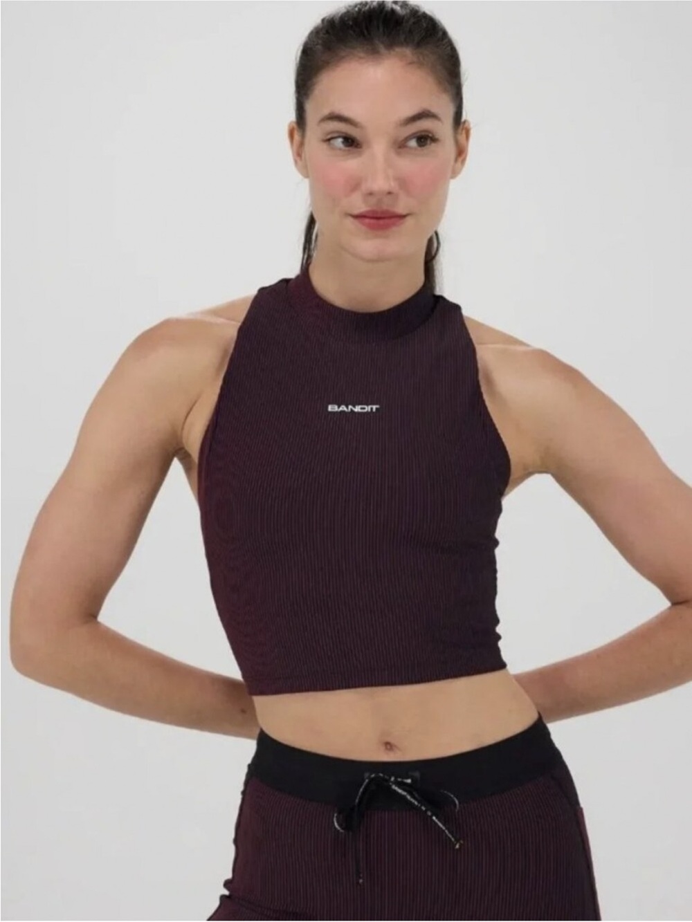 Bandit striped Cadence Mockneck halter race crop in Black/Fig